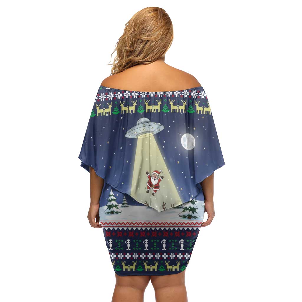 Christmas Alien Pattern with UFO Abduction of Santa Reindeer Snowy Forest Off Shoulder Short Dress Xmas Holiday Patterns - Wonder Print Shop