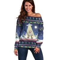 Christmas Alien Pattern with UFO Abduction of Santa Reindeer Snowy Forest Off Shoulder Sweater Xmas Holiday Patterns - Wonder Print Shop