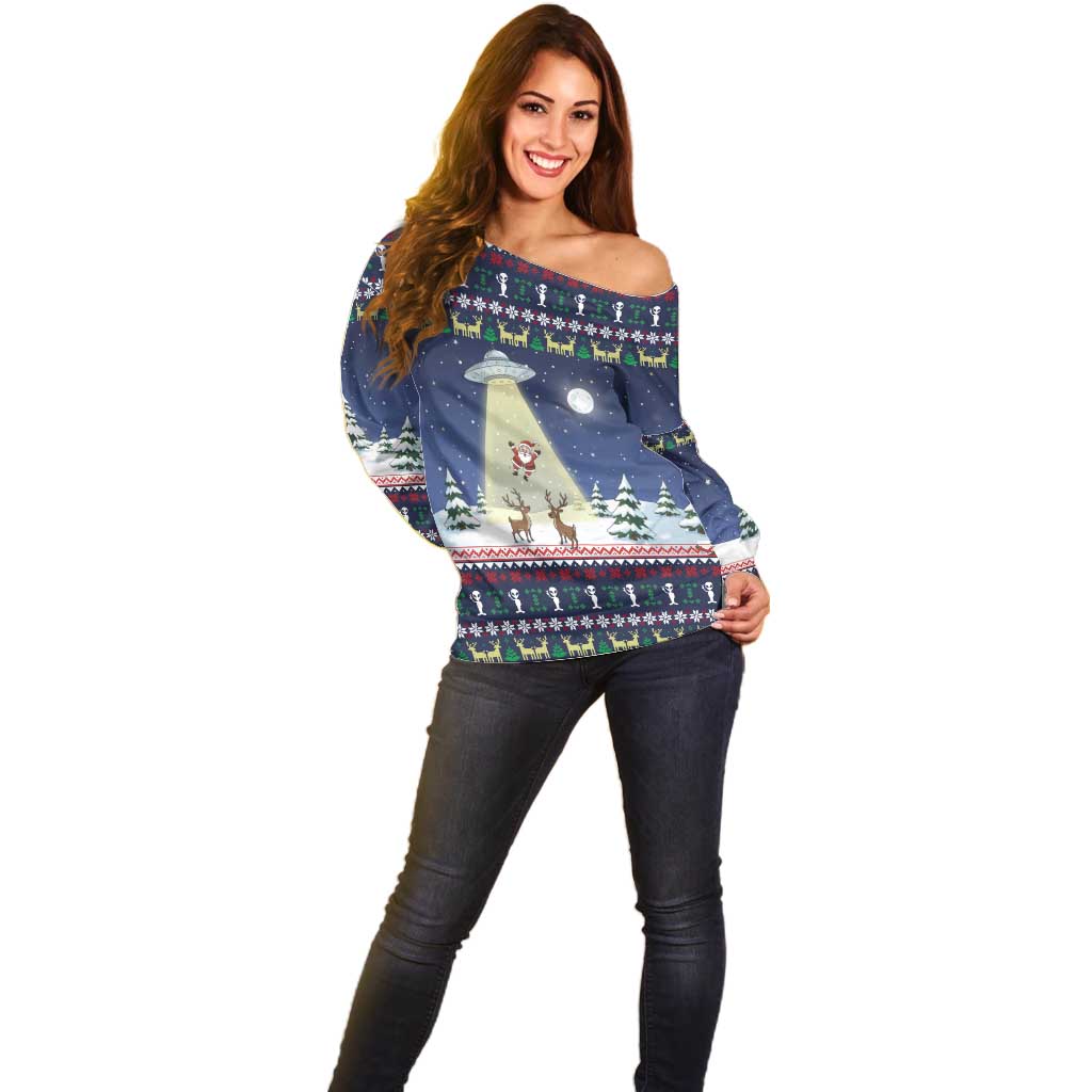 Christmas Alien Pattern with UFO Abduction of Santa Reindeer Snowy Forest Off Shoulder Sweater Xmas Holiday Patterns - Wonder Print Shop
