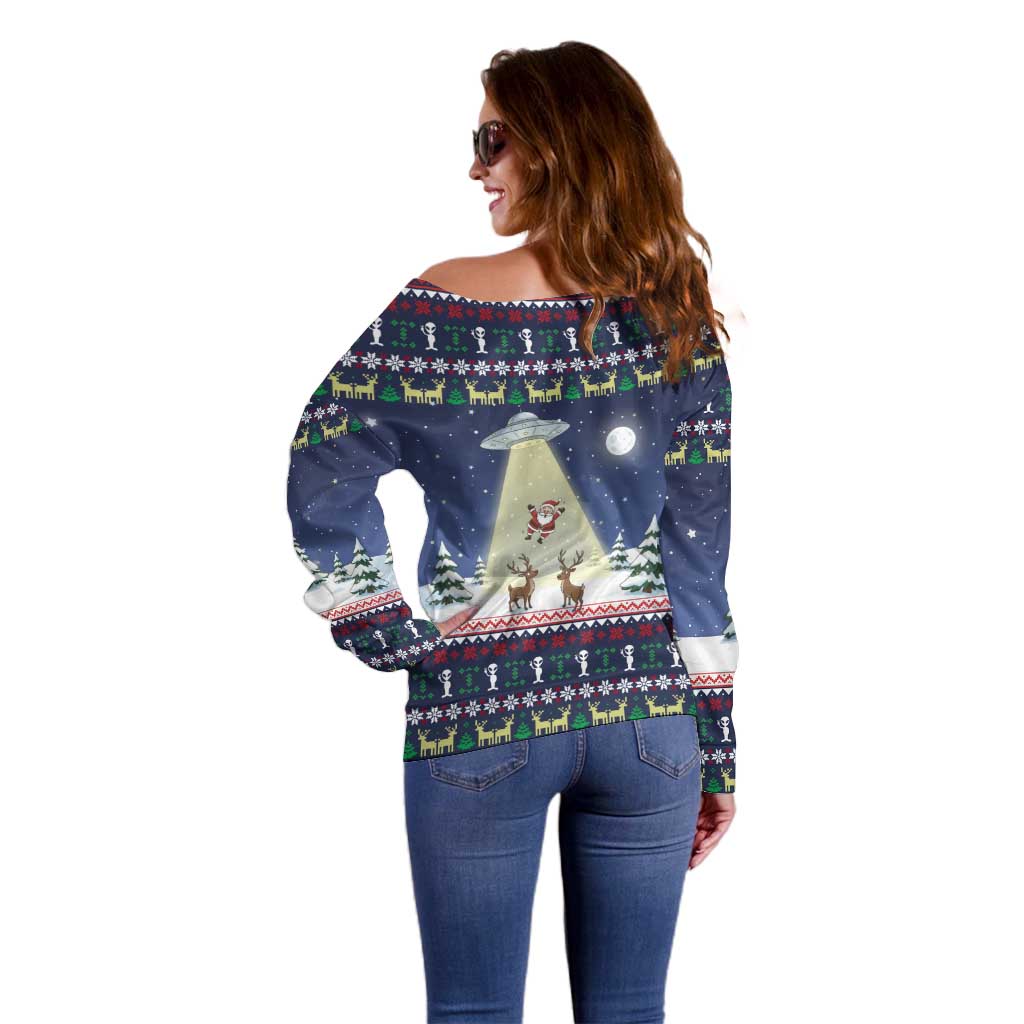 Christmas Alien Pattern with UFO Abduction of Santa Reindeer Snowy Forest Off Shoulder Sweater Xmas Holiday Patterns - Wonder Print Shop