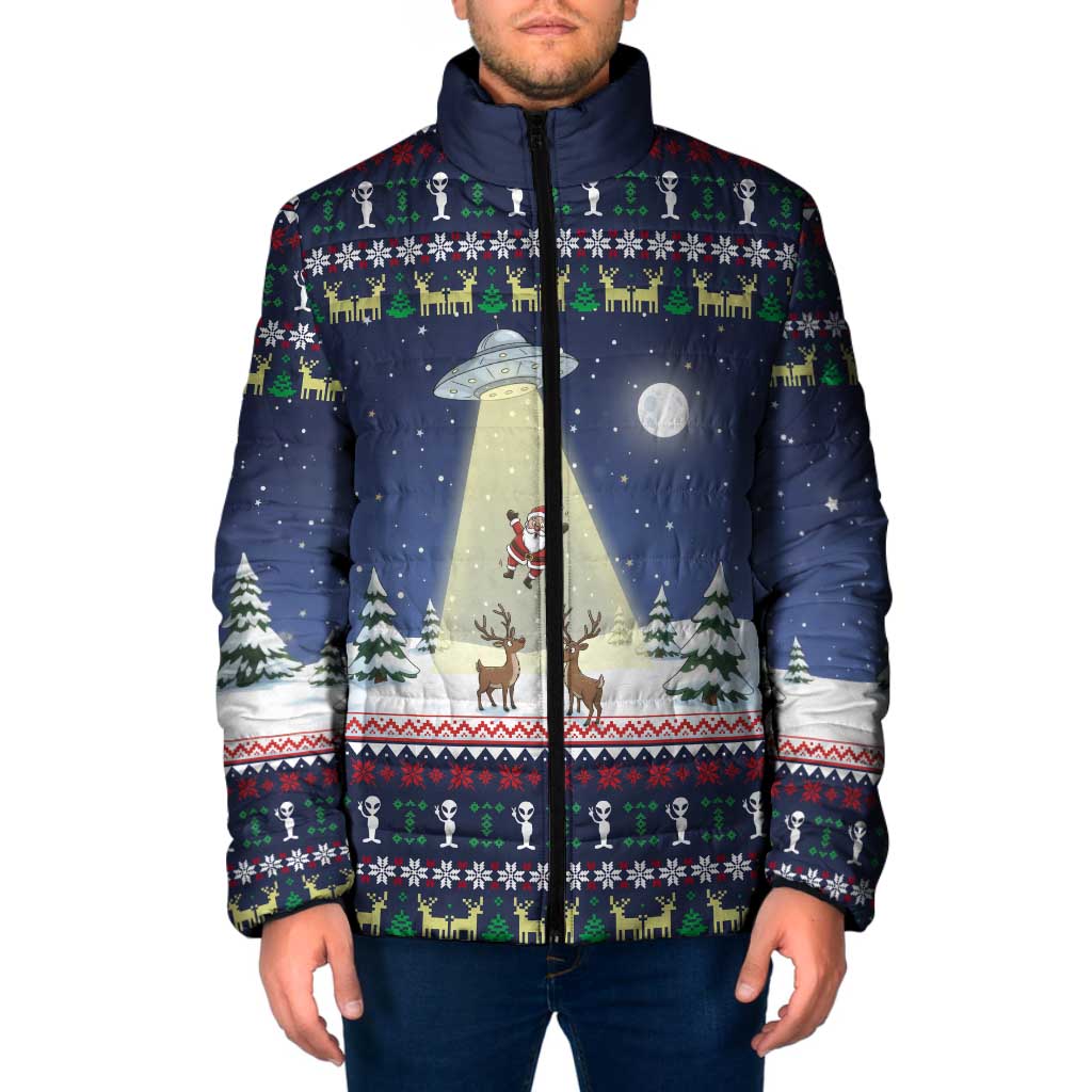 Christmas Alien Pattern with UFO Abduction of Santa Reindeer Snowy Forest Padded Jacket Xmas Holiday Patterns - Wonder Print Shop