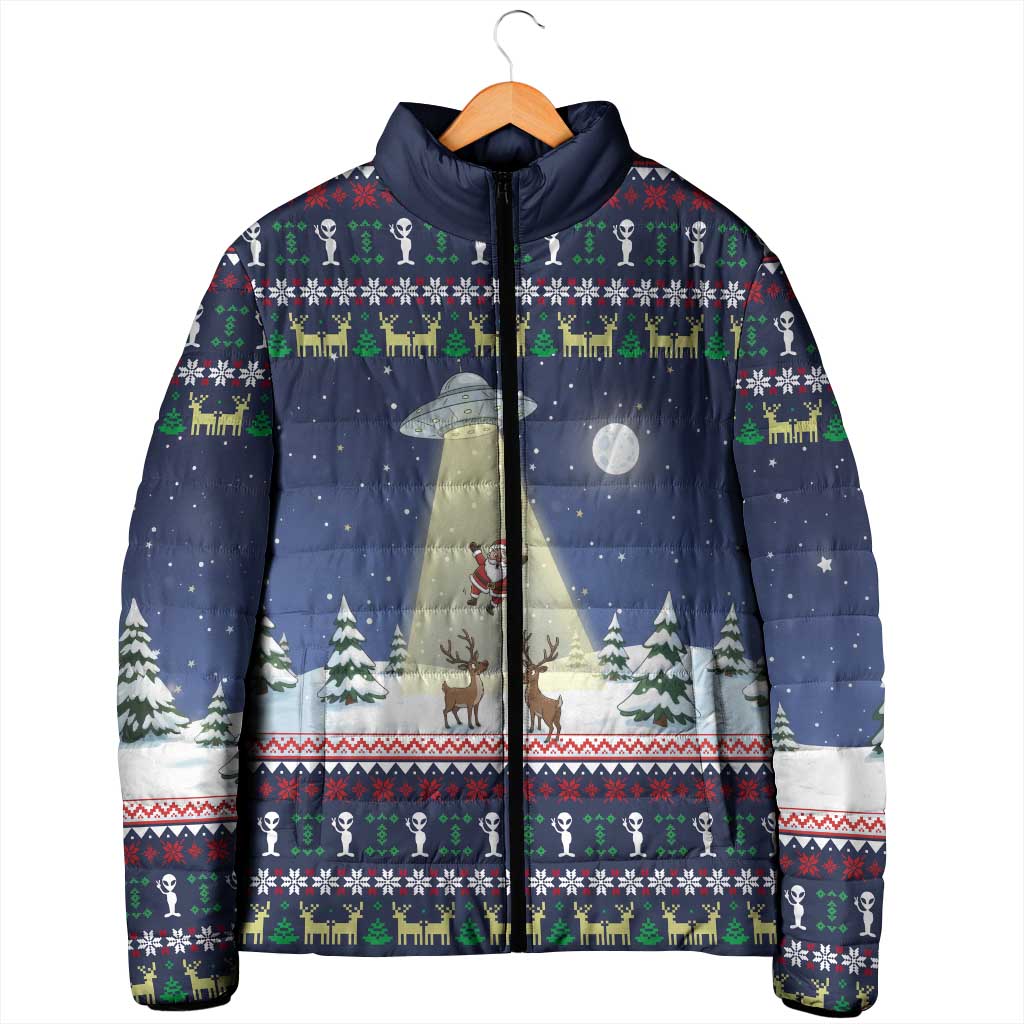 Christmas Alien Pattern with UFO Abduction of Santa Reindeer Snowy Forest Padded Jacket Xmas Holiday Patterns - Wonder Print Shop