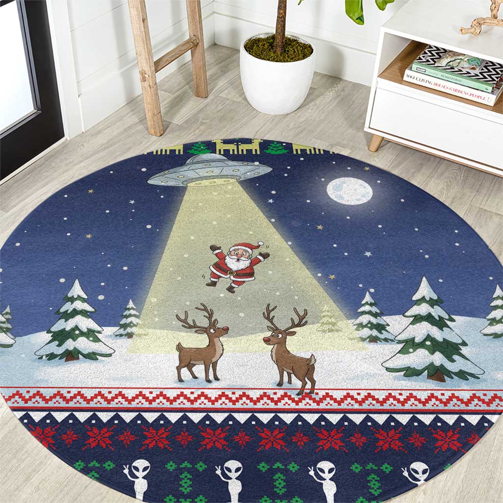 Christmas Alien Pattern with UFO Abduction of Santa Reindeer Snowy Forest Round Carpet Xmas Holiday Patterns - Wonder Print Shop