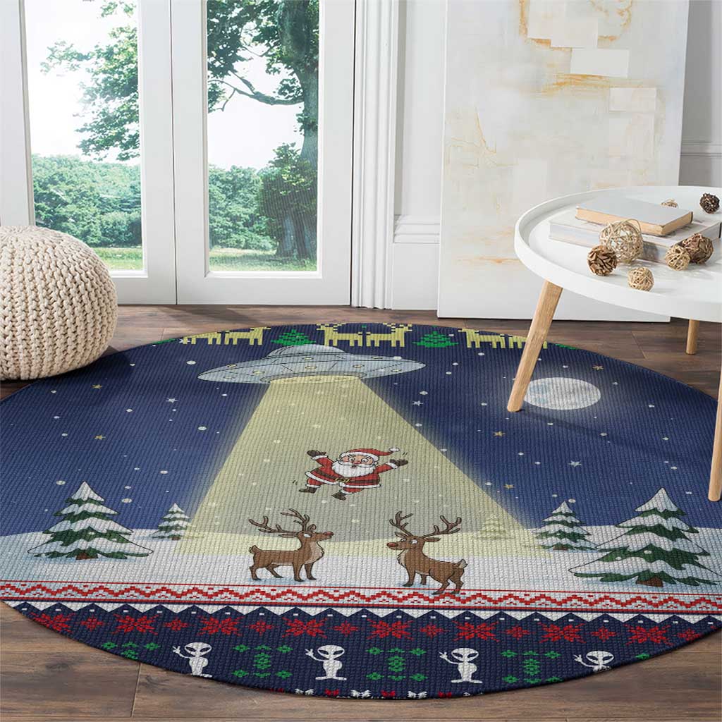 Christmas Alien Pattern with UFO Abduction of Santa Reindeer Snowy Forest Round Carpet Xmas Holiday Patterns - Wonder Print Shop