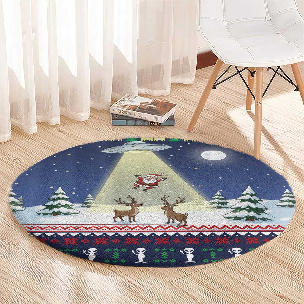 Christmas Alien Pattern with UFO Abduction of Santa Reindeer Snowy Forest Round Carpet Xmas Holiday Patterns - Wonder Print Shop