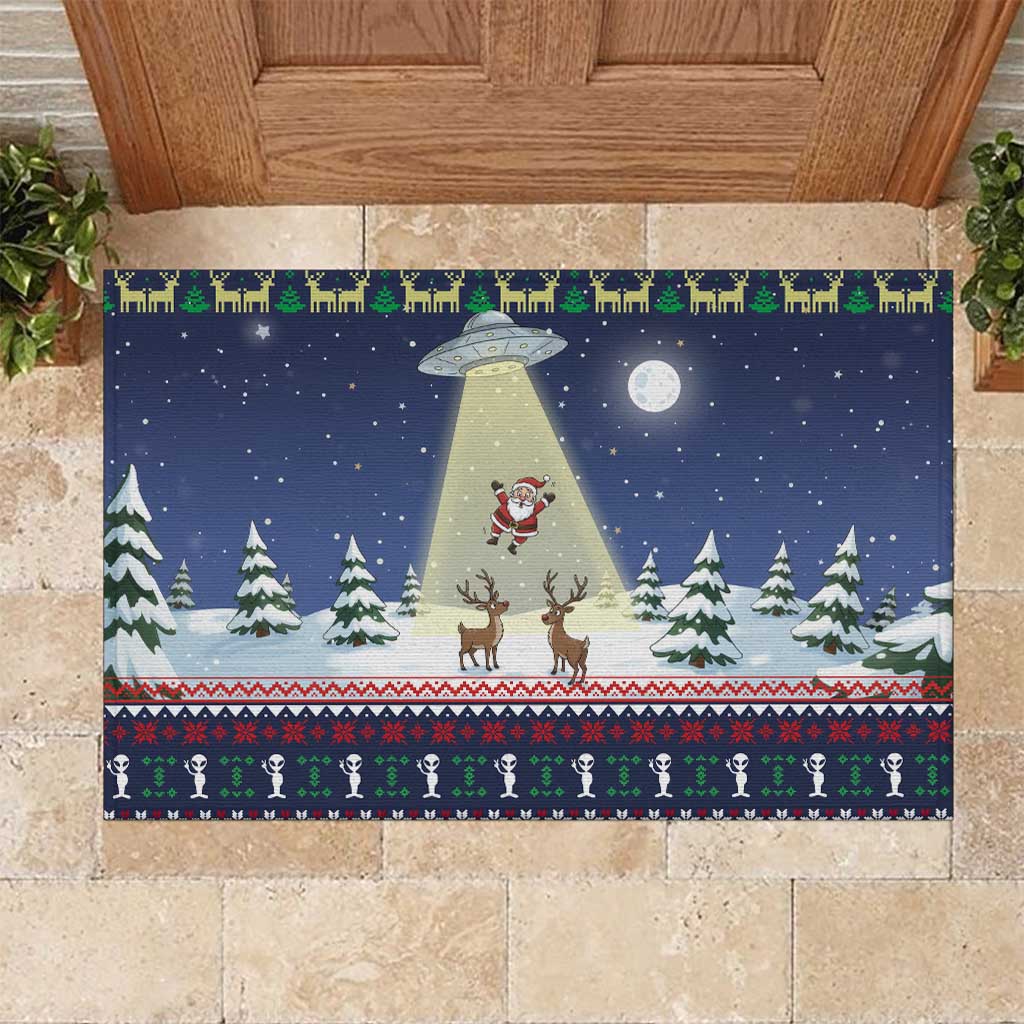 Christmas Alien Pattern with UFO Abduction of Santa Reindeer Snowy Forest Rubber Doormat Xmas Holiday Patterns - Wonder Print Shop