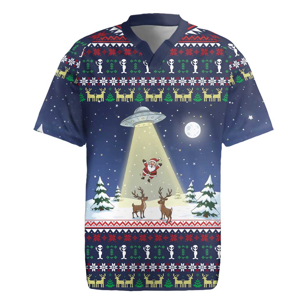 Christmas Alien Pattern with UFO Abduction of Santa Reindeer Snowy Forest Rugby Jersey Xmas Holiday Patterns - Wonder Print Shop