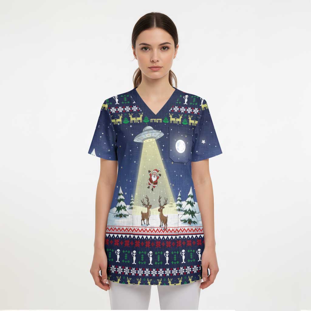 Christmas Alien Pattern with UFO Abduction of Santa Reindeer Snowy Forest Scrub Top Xmas Holiday Patterns - Wonder Print Shop
