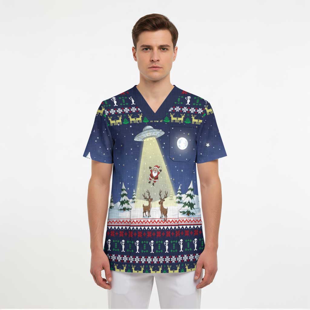 Christmas Alien Pattern with UFO Abduction of Santa Reindeer Snowy Forest Scrub Top Xmas Holiday Patterns - Wonder Print Shop
