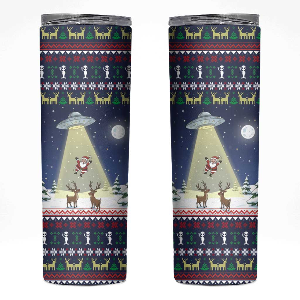 Christmas Alien Pattern with UFO Abduction of Santa Reindeer Snowy Forest Skinny Tumbler Xmas Holiday Patterns - Wonder Print Shop