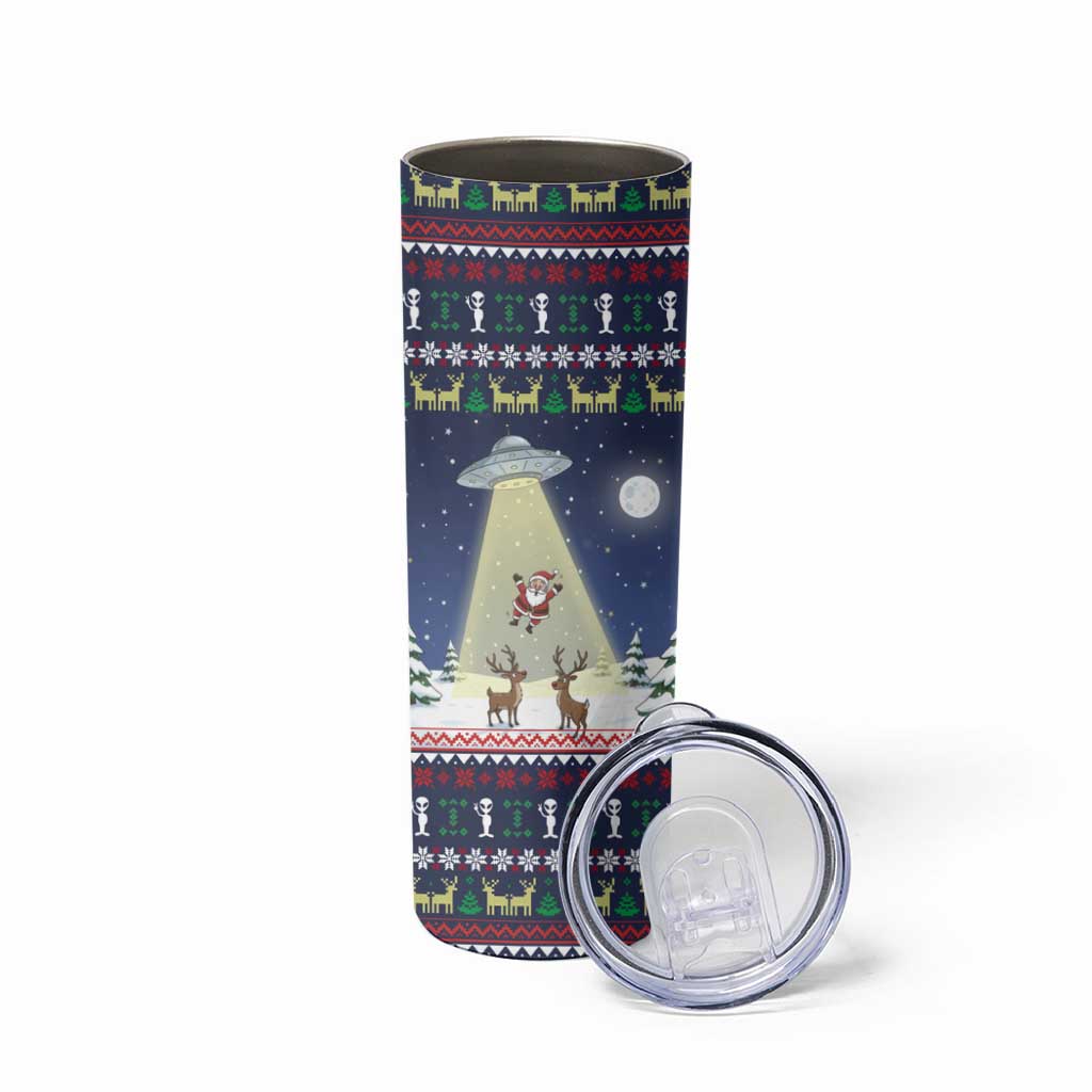 Christmas Alien Pattern with UFO Abduction of Santa Reindeer Snowy Forest Skinny Tumbler Xmas Holiday Patterns - Wonder Print Shop