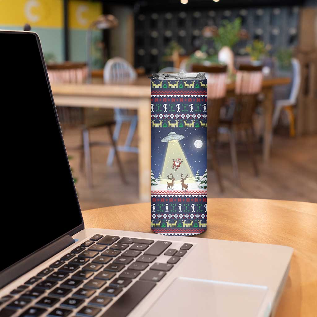 Christmas Alien Pattern with UFO Abduction of Santa Reindeer Snowy Forest Skinny Tumbler Xmas Holiday Patterns - Wonder Print Shop