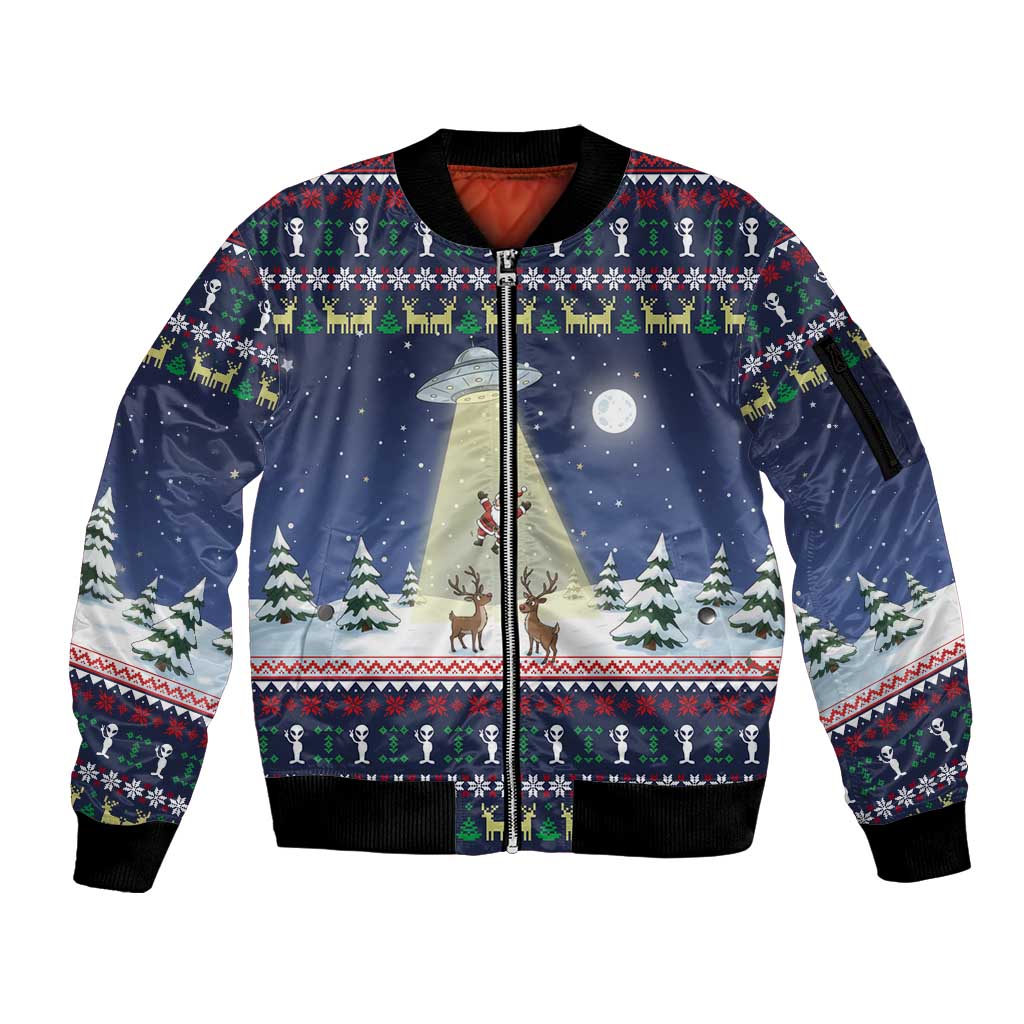 Christmas Alien Pattern with UFO Abduction of Santa Reindeer Snowy Forest Sleeve Zip Bomber Jacket Xmas Holiday Patterns - Wonder Print Shop