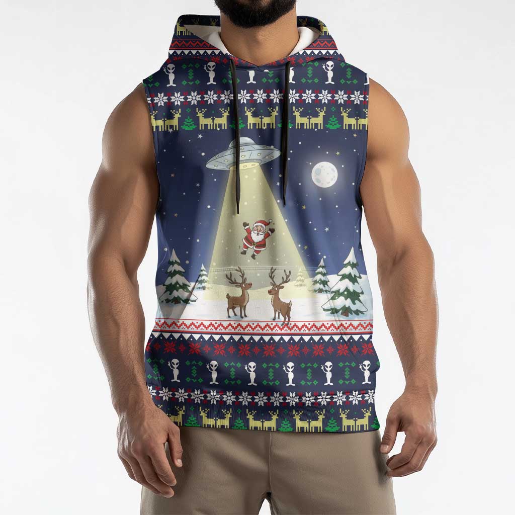 Christmas Alien Pattern with UFO Abduction of Santa Reindeer Snowy Forest Sleeveless Hoodie Xmas Holiday Patterns - Wonder Print Shop