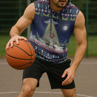 Christmas Alien Pattern with UFO Abduction of Santa Reindeer Snowy Forest Sleeveless Hoodie Xmas Holiday Patterns - Wonder Print Shop