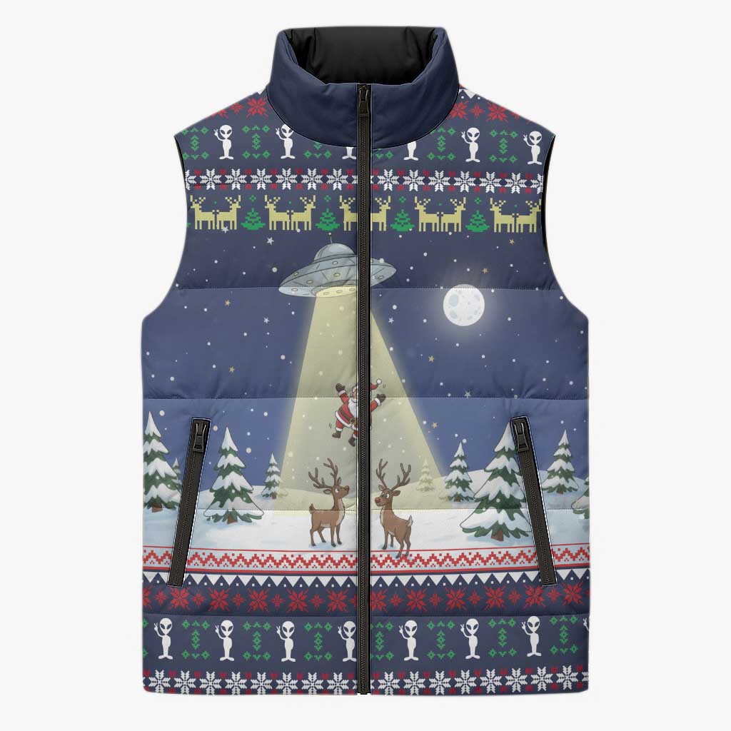Christmas Alien Pattern with UFO Abduction of Santa Reindeer Snowy Forest Sleeveless Puffer Jacket Xmas Holiday Patterns - Wonder Print Shop