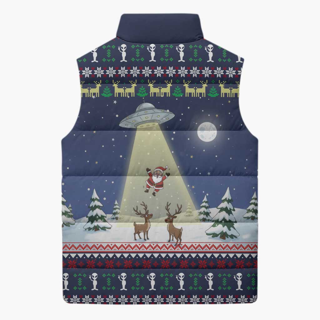 Christmas Alien Pattern with UFO Abduction of Santa Reindeer Snowy Forest Sleeveless Puffer Jacket Xmas Holiday Patterns - Wonder Print Shop