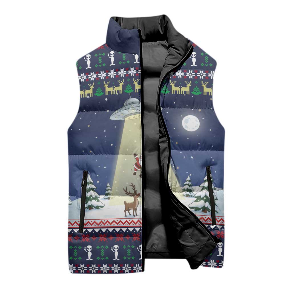 Christmas Alien Pattern with UFO Abduction of Santa Reindeer Snowy Forest Sleeveless Puffer Jacket Xmas Holiday Patterns - Wonder Print Shop