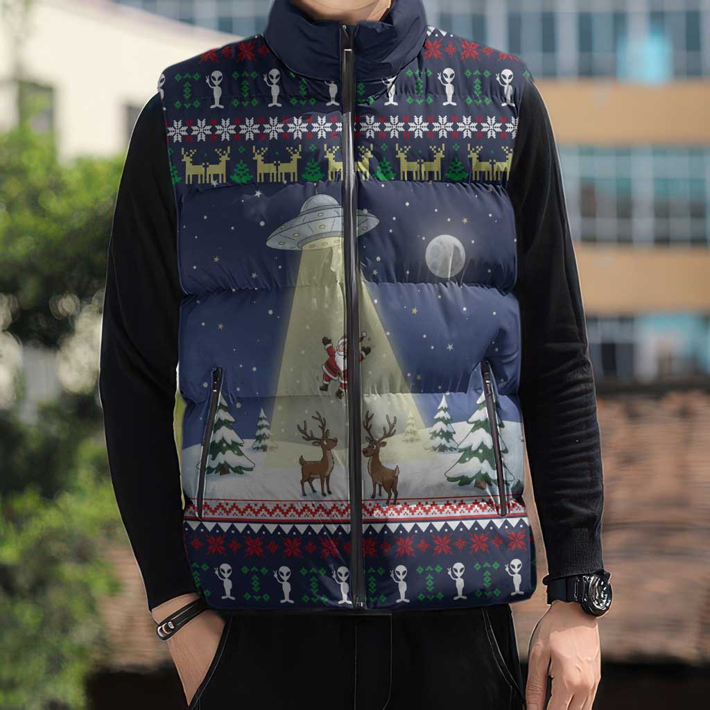 Christmas Alien Pattern with UFO Abduction of Santa Reindeer Snowy Forest Sleeveless Puffer Jacket Xmas Holiday Patterns - Wonder Print Shop