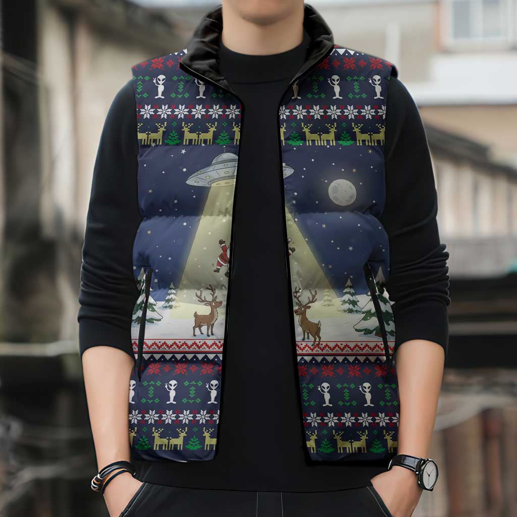Christmas Alien Pattern with UFO Abduction of Santa Reindeer Snowy Forest Sleeveless Puffer Jacket Xmas Holiday Patterns - Wonder Print Shop