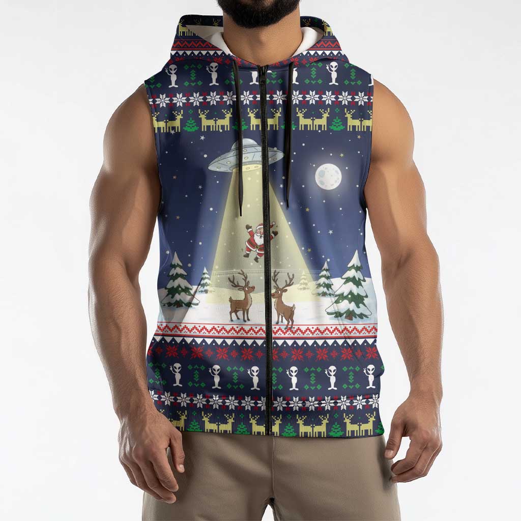 Christmas Alien Pattern with UFO Abduction of Santa Reindeer Snowy Forest Sleeveless Zip Hoodie Xmas Holiday Patterns - Wonder Print Shop