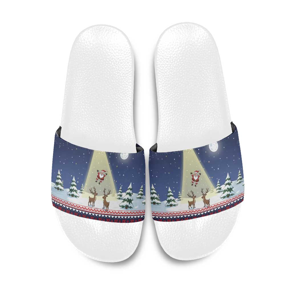 Christmas Alien Pattern with UFO Abduction of Santa Reindeer Snowy Forest Slide Sandals Xmas Holiday Patterns - Wonder Print Shop