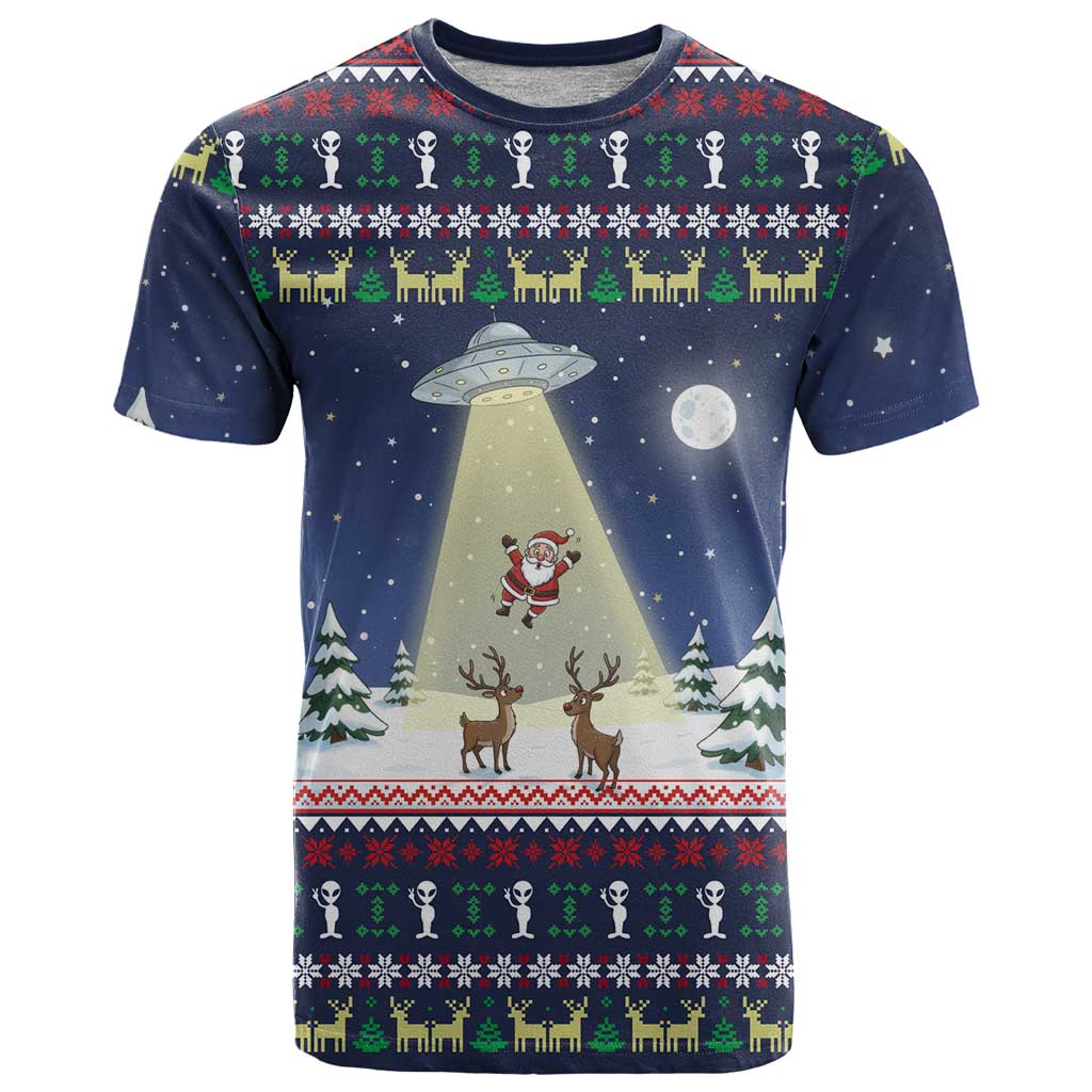 Christmas Alien Pattern with UFO Abduction of Santa Reindeer Snowy Forest T Shirt Xmas Holiday Patterns - Wonder Print Shop