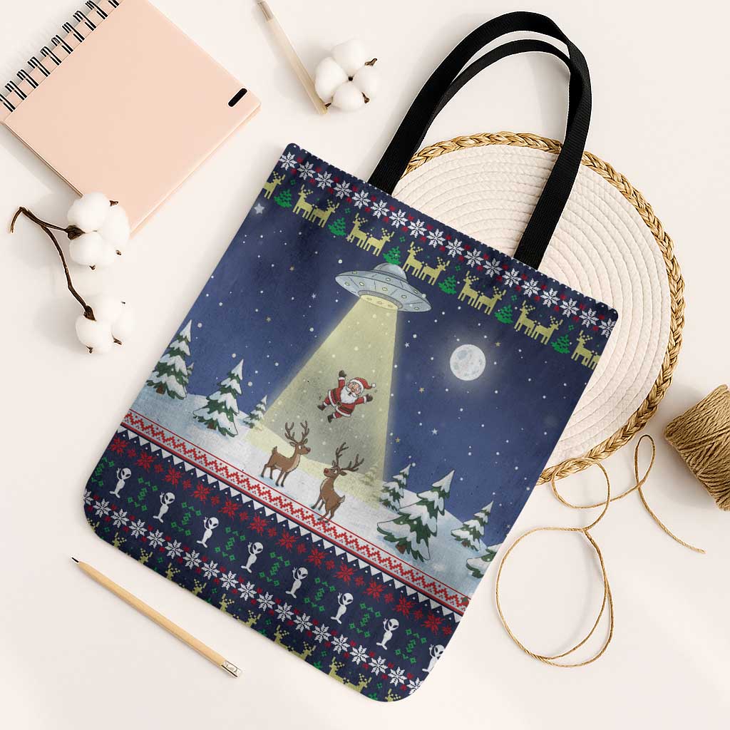 Christmas Alien Pattern with UFO Abduction of Santa Reindeer Snowy Forest Tote Bag Xmas Holiday Patterns - Wonder Print Shop