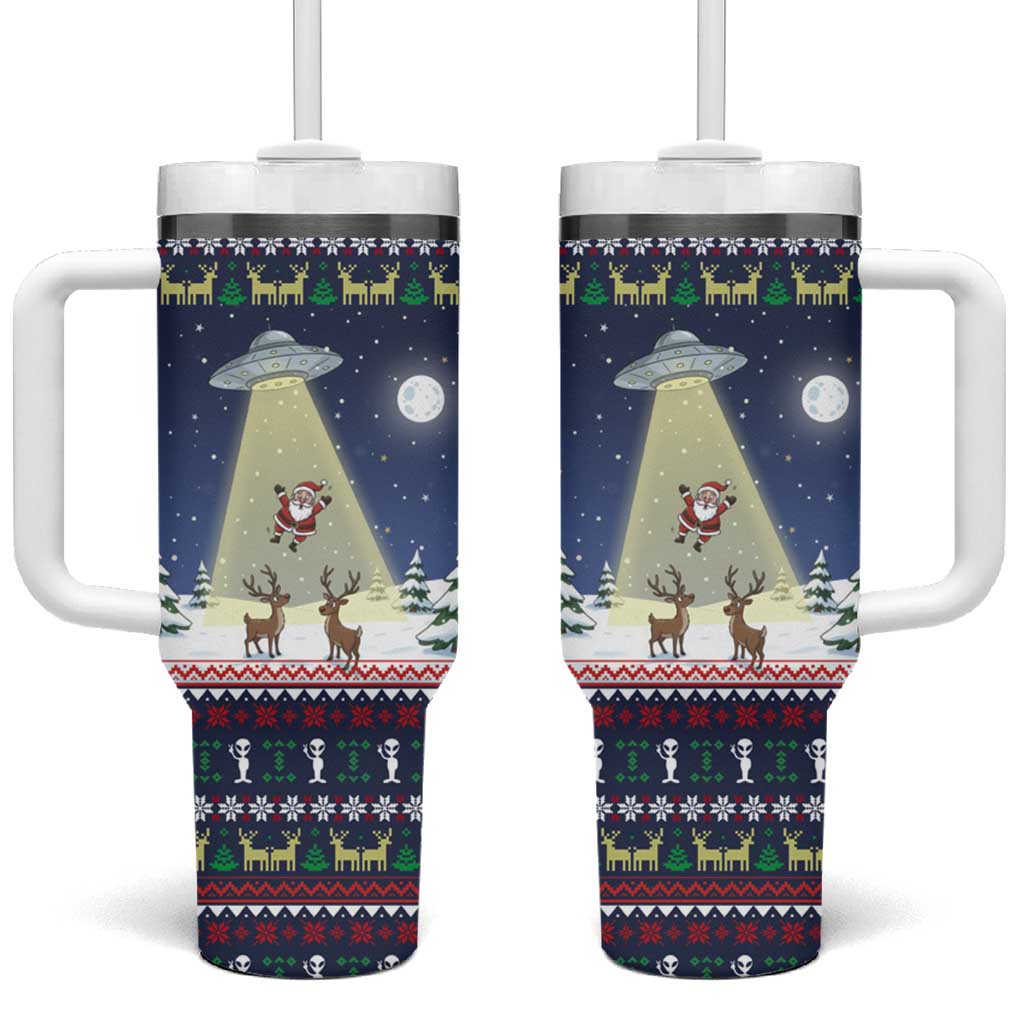 Christmas Alien Pattern with UFO Abduction of Santa Reindeer Snowy Forest Tumbler With Handle Xmas Holiday Patterns - Wonder Print Shop