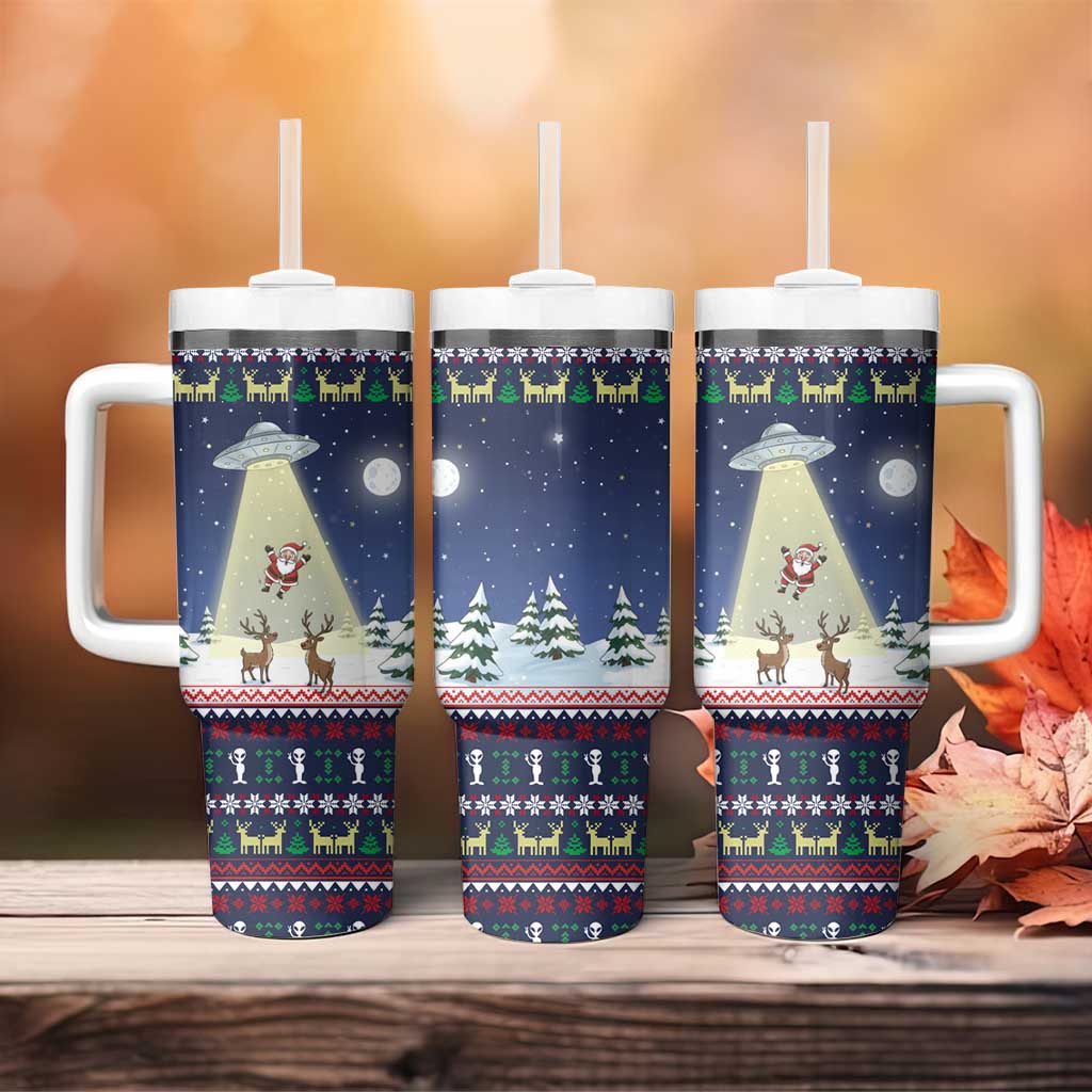 Christmas Alien Pattern with UFO Abduction of Santa Reindeer Snowy Forest Tumbler With Handle Xmas Holiday Patterns - Wonder Print Shop