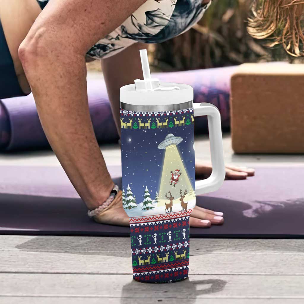 Christmas Alien Pattern with UFO Abduction of Santa Reindeer Snowy Forest Tumbler With Handle Xmas Holiday Patterns - Wonder Print Shop