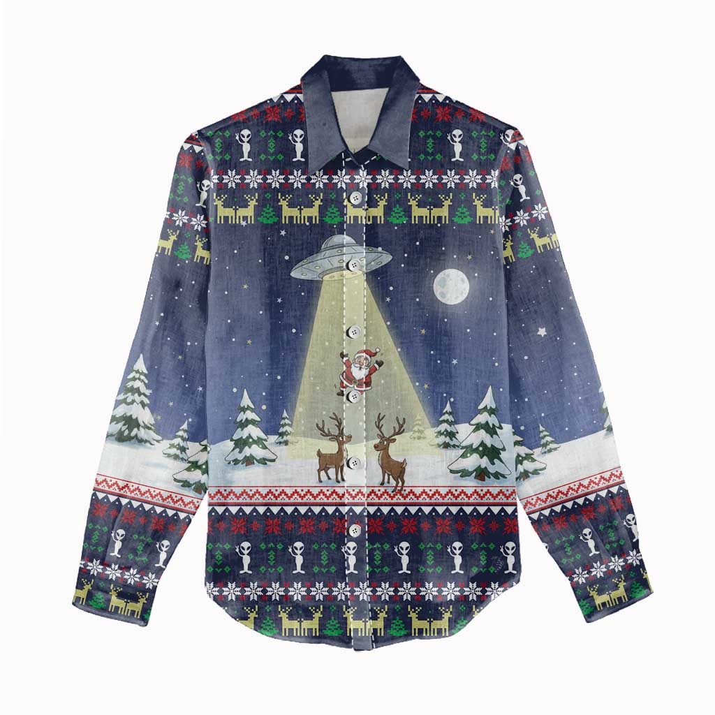 Christmas Alien Pattern with UFO Abduction of Santa Reindeer Snowy Forest Women Casual Shirt Xmas Holiday Patterns - Wonder Print Shop