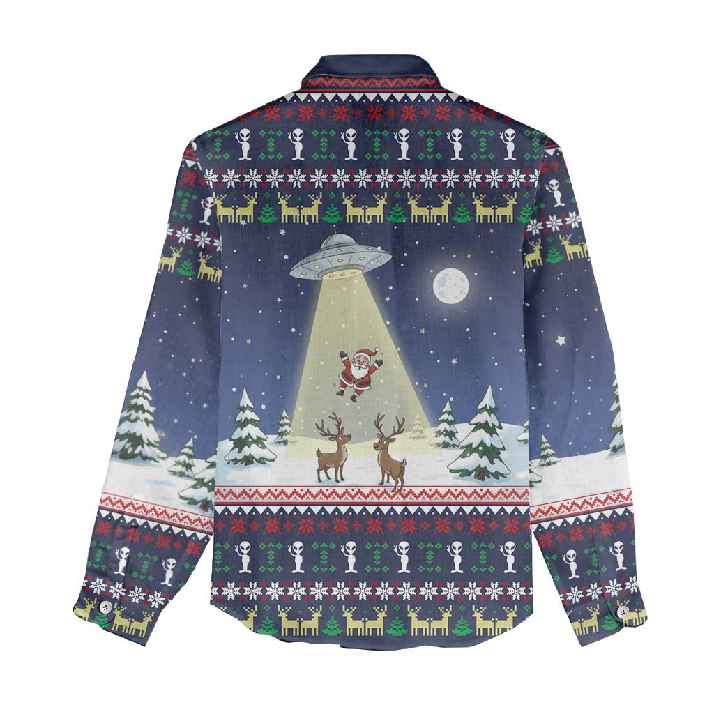Christmas Alien Pattern with UFO Abduction of Santa Reindeer Snowy Forest Women Casual Shirt Xmas Holiday Patterns - Wonder Print Shop