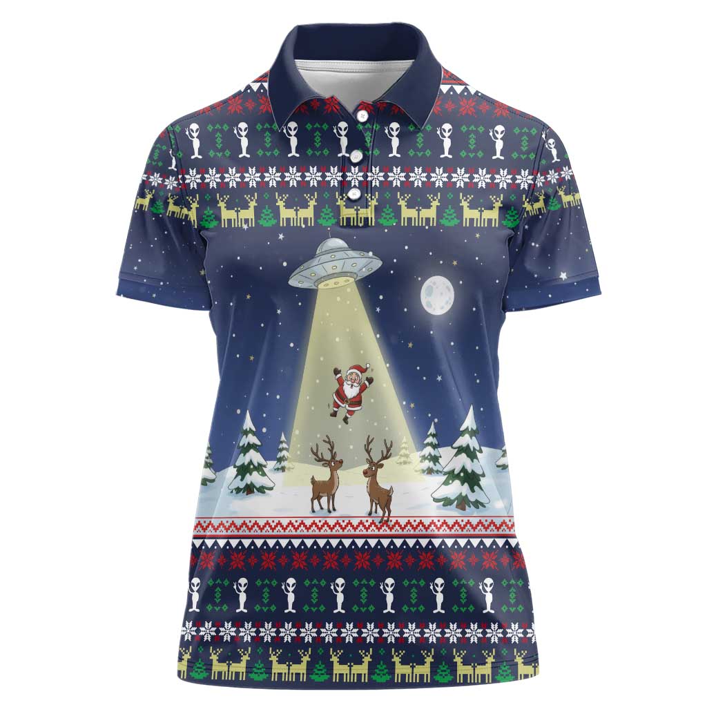 Christmas Alien Pattern with UFO Abduction of Santa Reindeer Snowy Forest Women Polo Shirt Xmas Holiday Patterns - Wonder Print Shop