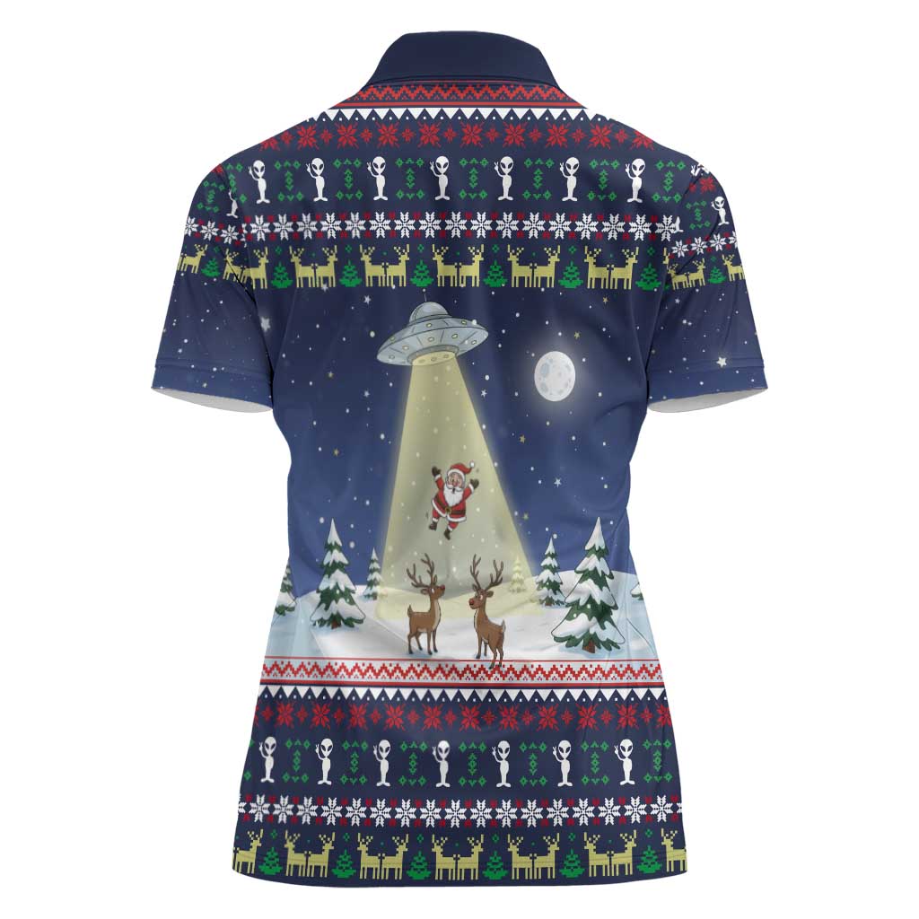 Christmas Alien Pattern with UFO Abduction of Santa Reindeer Snowy Forest Women Polo Shirt Xmas Holiday Patterns - Wonder Print Shop