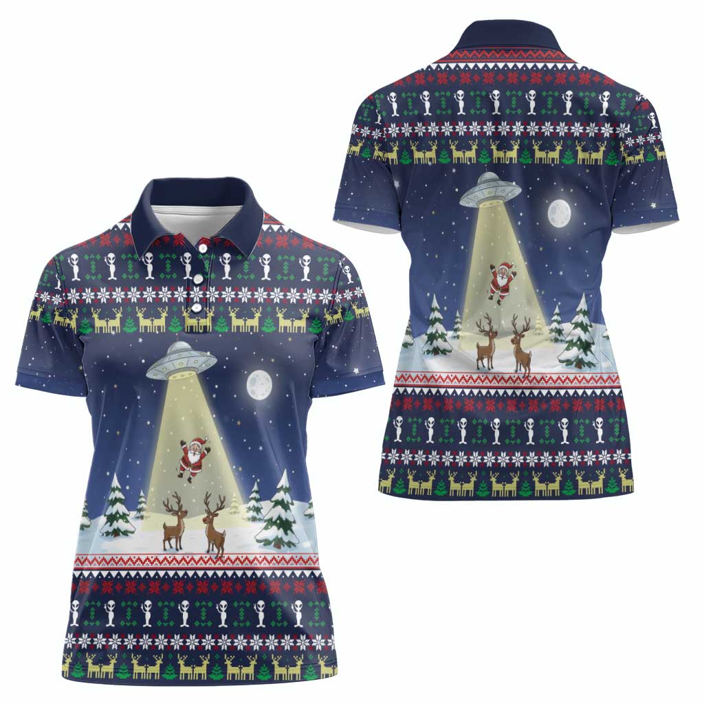 Christmas Alien Pattern with UFO Abduction of Santa Reindeer Snowy Forest Women Polo Shirt Xmas Holiday Patterns - Wonder Print Shop