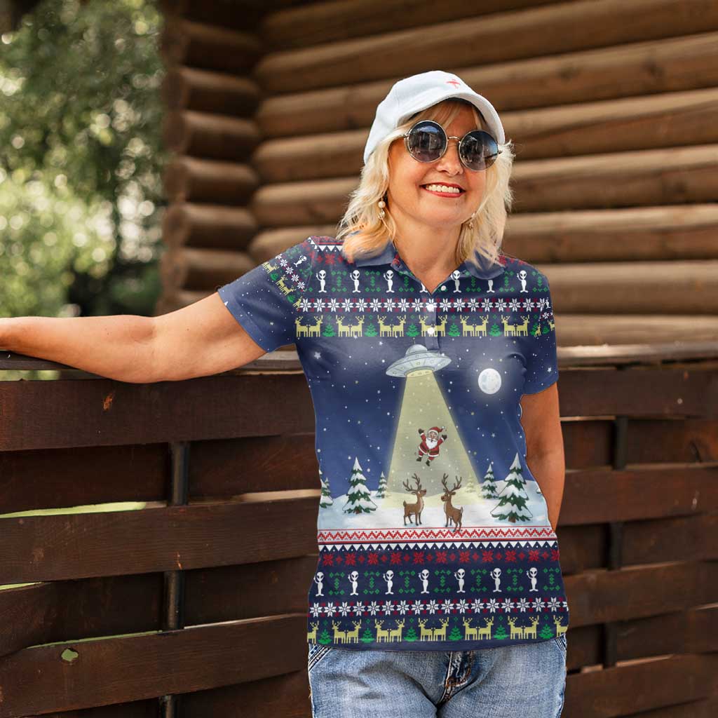 Christmas Alien Pattern with UFO Abduction of Santa Reindeer Snowy Forest Women Polo Shirt Xmas Holiday Patterns - Wonder Print Shop