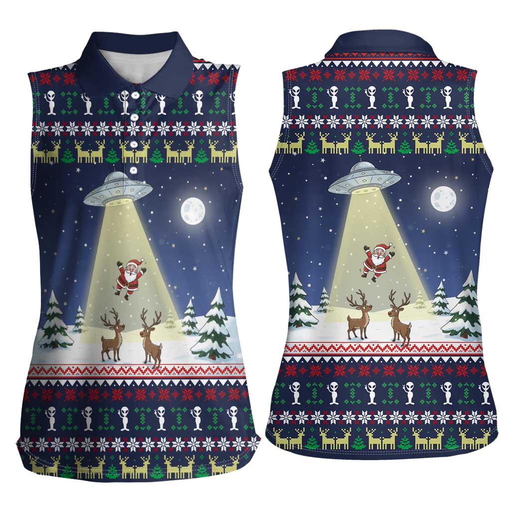 Christmas Alien Pattern with UFO Abduction of Santa Reindeer Snowy Forest Women Sleeveless Polo Shirt Xmas Holiday Patterns - Wonder Print Shop
