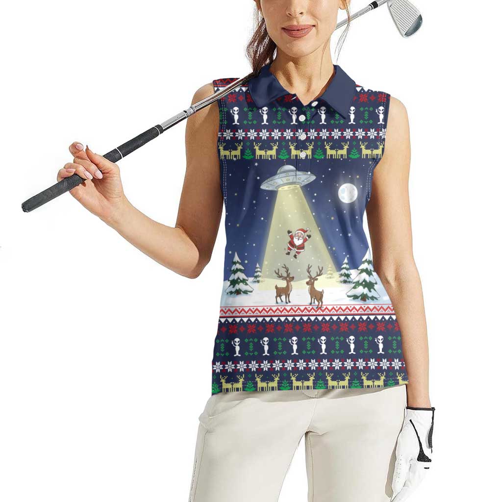 Christmas Alien Pattern with UFO Abduction of Santa Reindeer Snowy Forest Women Sleeveless Polo Shirt Xmas Holiday Patterns - Wonder Print Shop