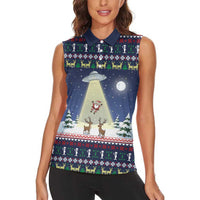 Christmas Alien Pattern with UFO Abduction of Santa Reindeer Snowy Forest Women Sleeveless Polo Shirt Xmas Holiday Patterns - Wonder Print Shop