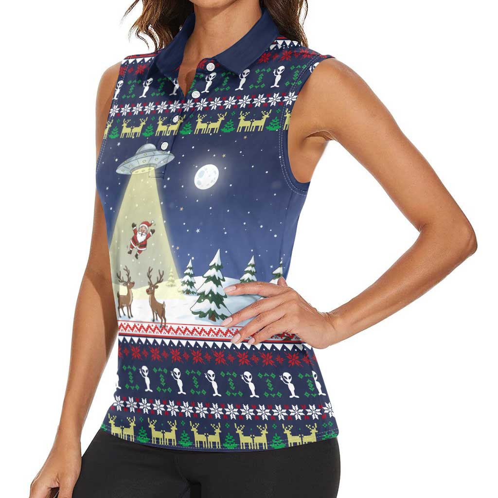 Christmas Alien Pattern with UFO Abduction of Santa Reindeer Snowy Forest Women Sleeveless Polo Shirt Xmas Holiday Patterns - Wonder Print Shop