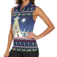 Christmas Alien Pattern with UFO Abduction of Santa Reindeer Snowy Forest Women Sleeveless Polo Shirt Xmas Holiday Patterns - Wonder Print Shop