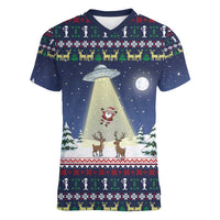 Christmas Alien Pattern with UFO Abduction of Santa Reindeer Snowy Forest Women V-Neck T-Shirt Xmas Holiday Patterns - Wonder Print Shop