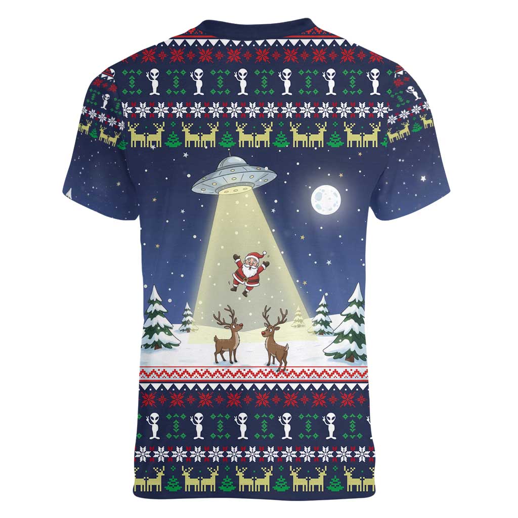 Christmas Alien Pattern with UFO Abduction of Santa Reindeer Snowy Forest Women V-Neck T-Shirt Xmas Holiday Patterns - Wonder Print Shop