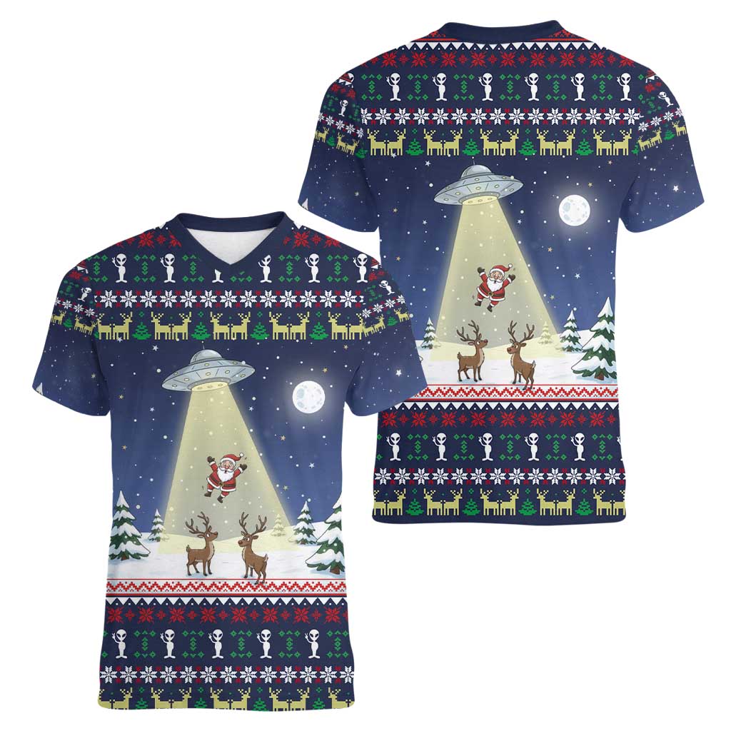 Christmas Alien Pattern with UFO Abduction of Santa Reindeer Snowy Forest Women V-Neck T-Shirt Xmas Holiday Patterns - Wonder Print Shop