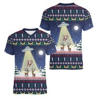 Christmas Alien Pattern with UFO Abduction of Santa Reindeer Snowy Forest Women V-Neck T-Shirt Xmas Holiday Patterns - Wonder Print Shop
