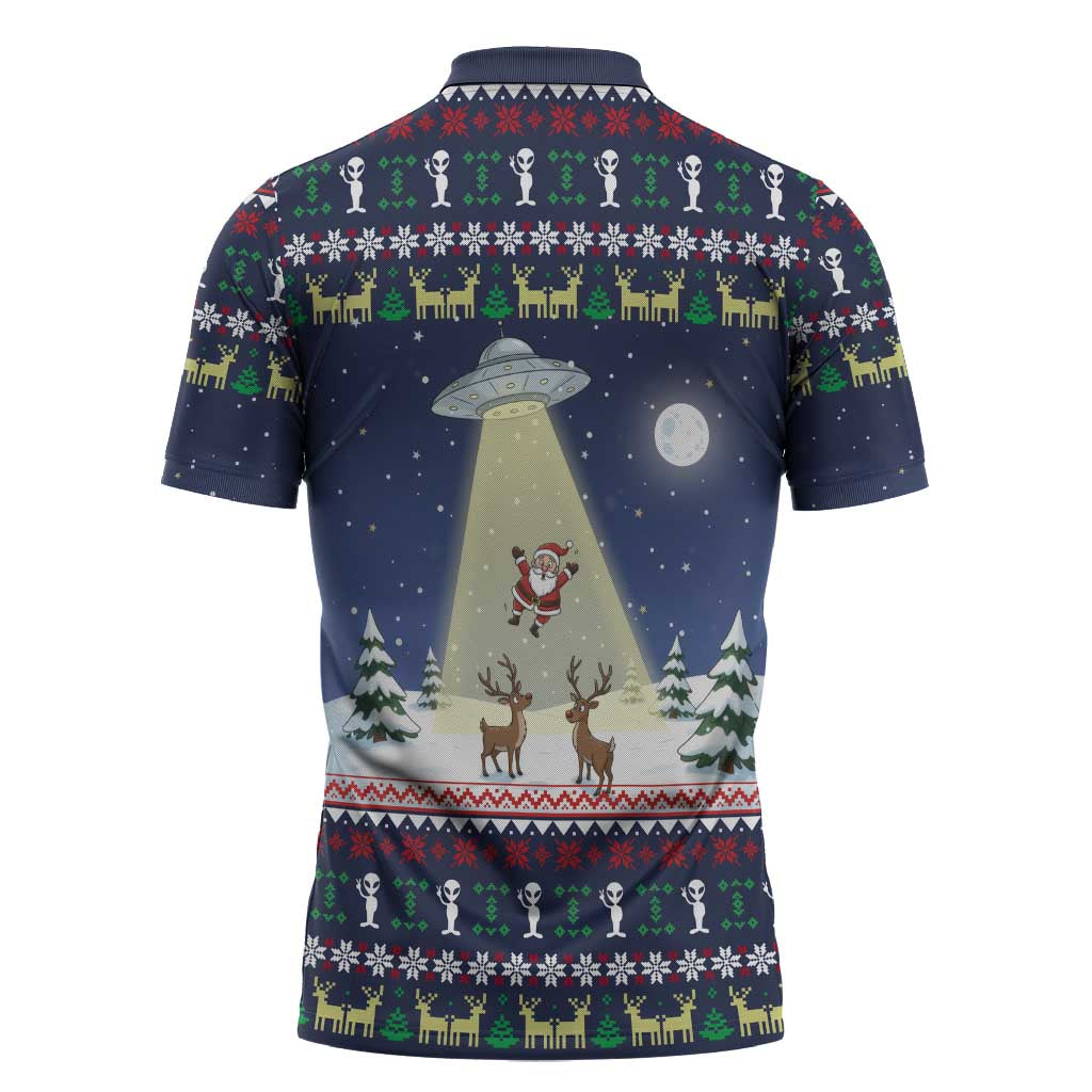 Christmas Alien Pattern with UFO Abduction of Santa Reindeer Snowy Forest Zipper Polo Shirt Xmas Holiday Patterns - Wonder Print Shop