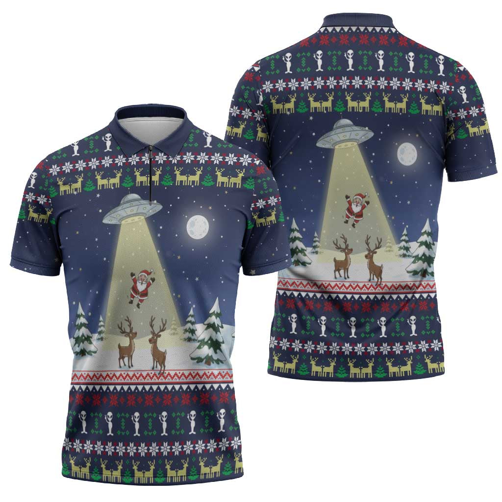 Christmas Alien Pattern with UFO Abduction of Santa Reindeer Snowy Forest Zipper Polo Shirt Xmas Holiday Patterns - Wonder Print Shop