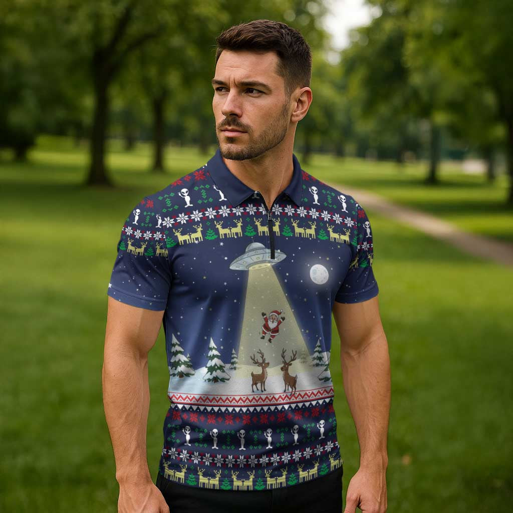 Christmas Alien Pattern with UFO Abduction of Santa Reindeer Snowy Forest Zipper Polo Shirt Xmas Holiday Patterns - Wonder Print Shop