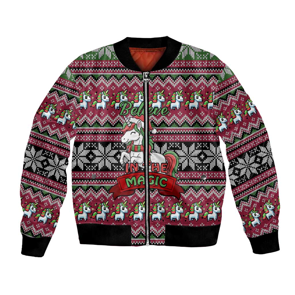 Unicorn Believe In The Magic Christmas Bomber Jacket Xmas Holiday Patterns - Wonder Print Shop